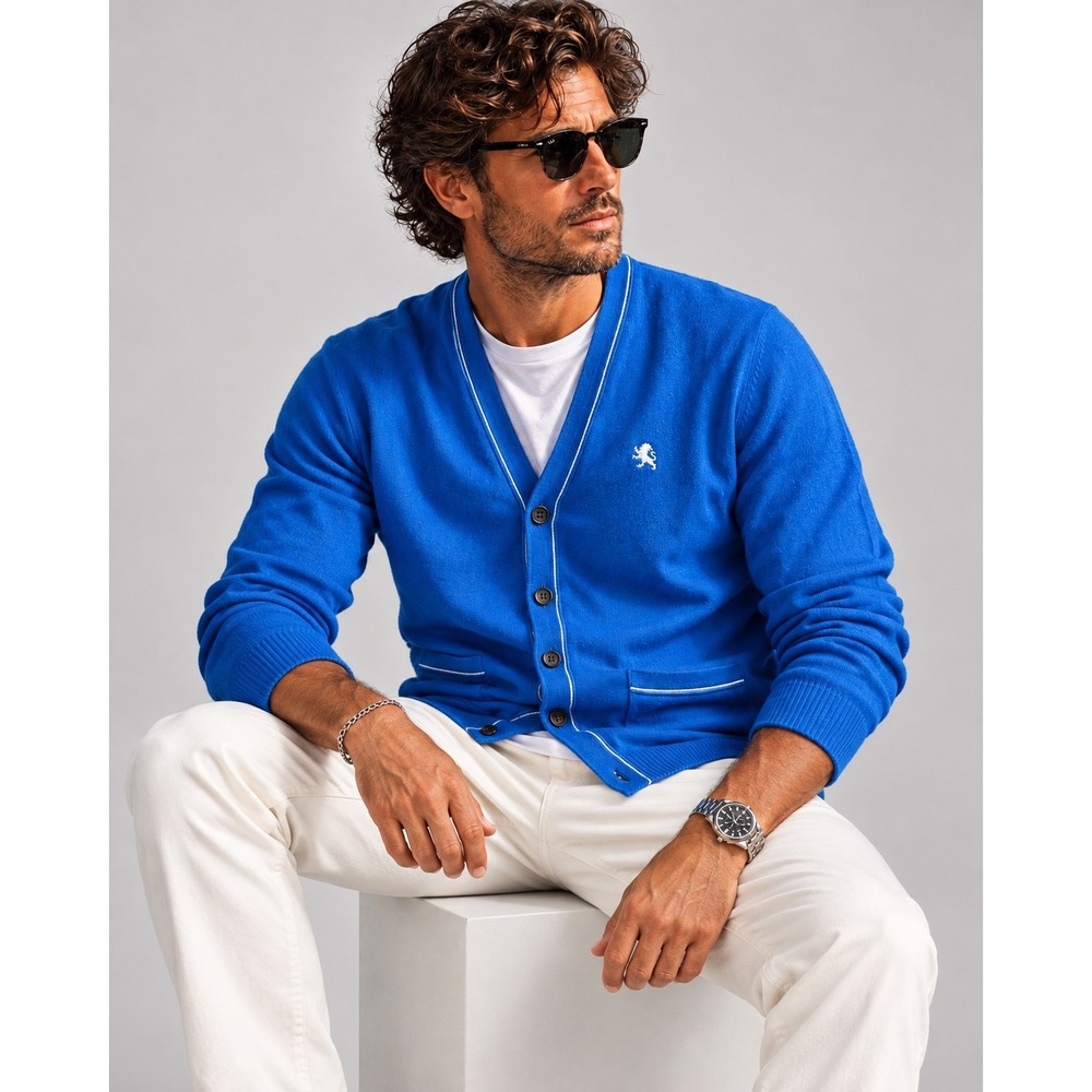 Express Mens Royal Blue Cotton V-Neck Cardigan Sweater Lion Logo Large